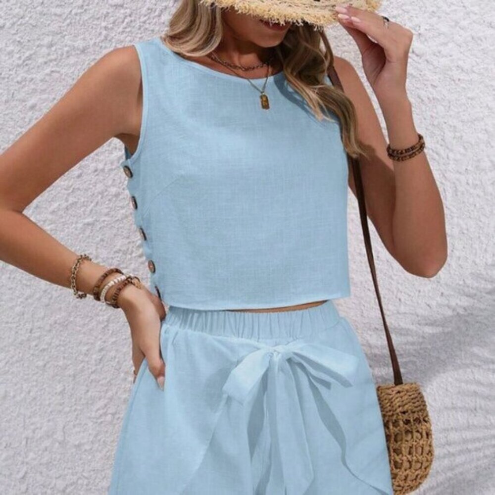 Blue Casual Women's Summer Loose Fit Side Button Design Tank Top & Waist Tie Set - Picture 4 of 7